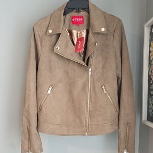 🆕️ Guess Women's Tan Faux Suede Jacket with Gold Accents NWT Size L